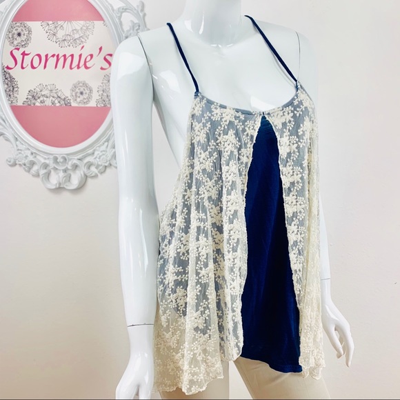 Kori Tops - Kori / Floral Crochet Lace Blue Racerback